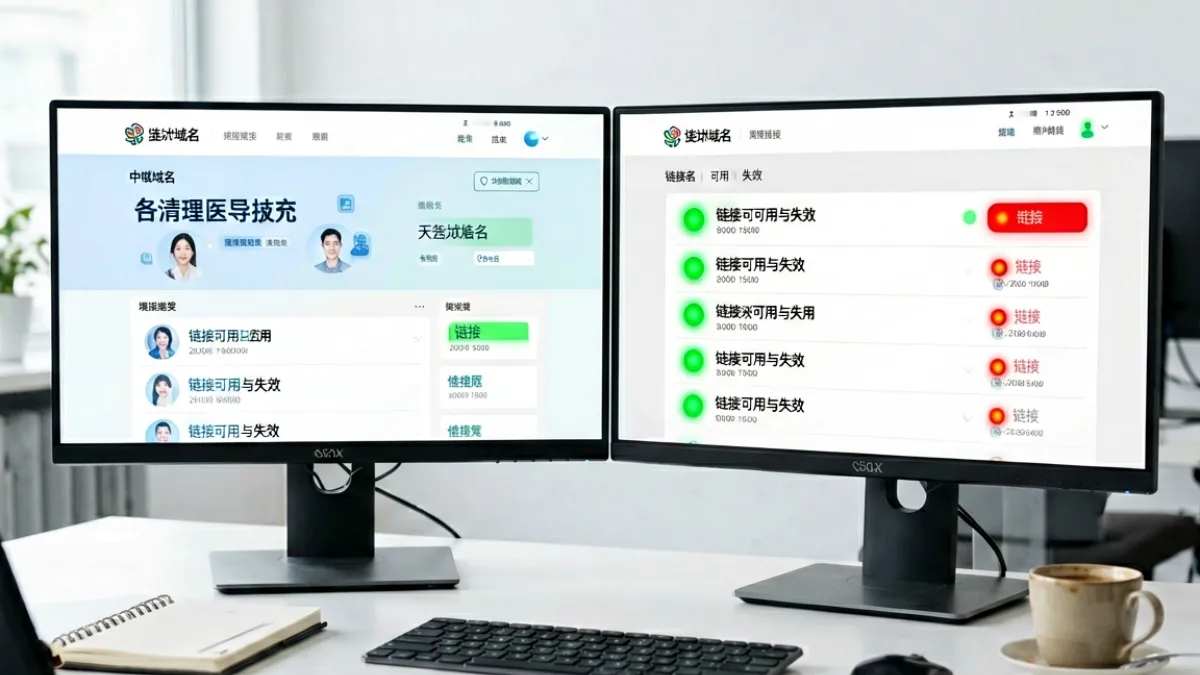秘密入口网站关于页面的团队工作台场景，屏幕上显示多个域名导航卡片与访问状态指示灯