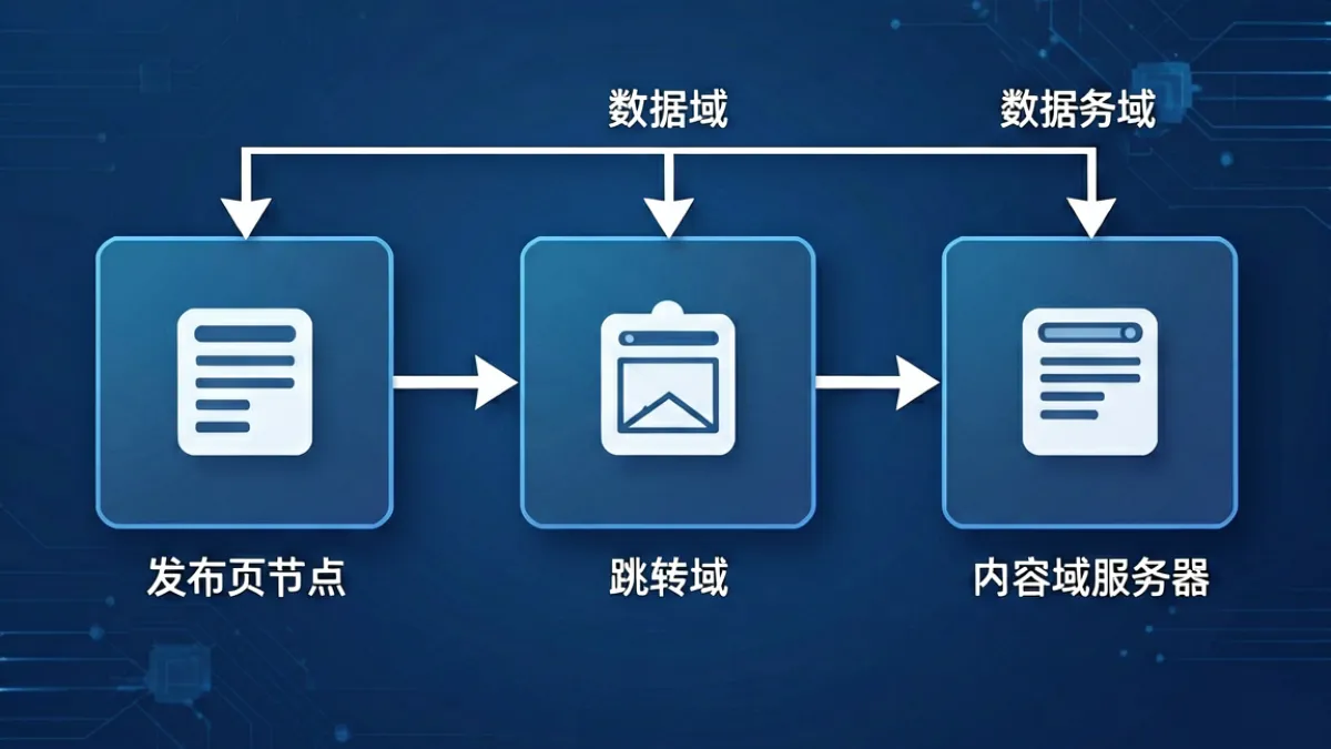 域名轮换机制示意图，展示发布页、跳转域、内容域的三级结构与CDN分流路径